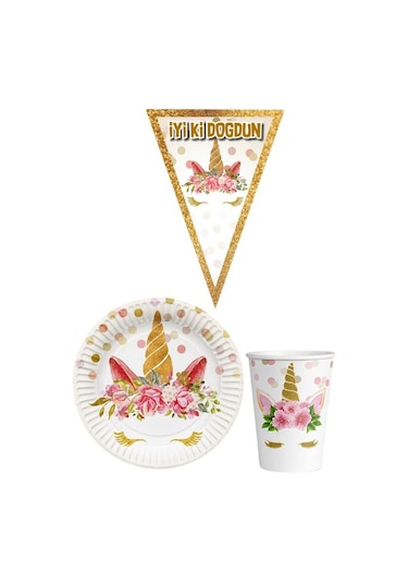 Unicorn Çiçekli 8 Kişilik Kız Doğum Günü Mini Set Kız Çocuk Parti
