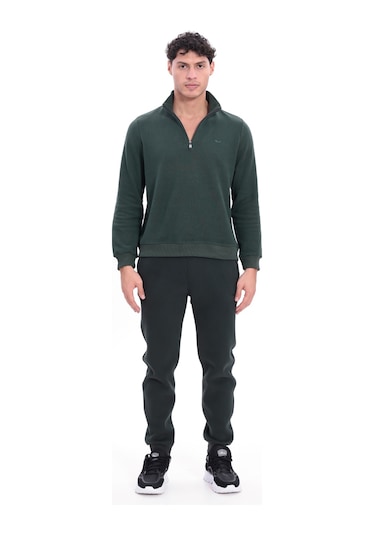 Rowinger Yarım Fermuarlı Dik Yaka Selanik Örme Erkek Sweatshirt Darkgreen