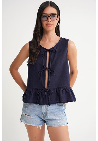 4717 Kadın Önü Bağcıklı Fırfırlı Kolsuz Keten Bluz Lacivert Lacivert