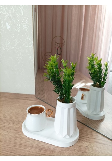 Mini Düz Desenli Beton Saksı Tekli Ve Oval Tabak - Yapay Çiçek Hediyeli - Yeşil