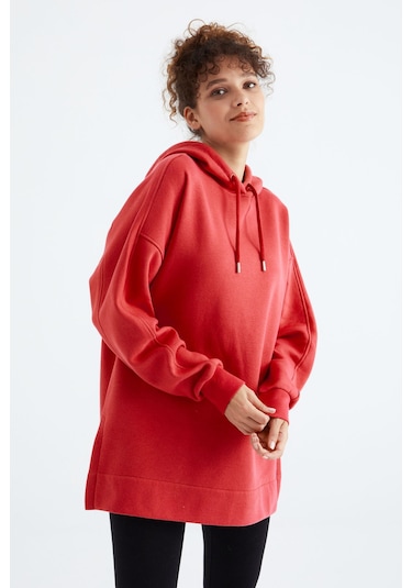 Tommy Life Fiesta Reglan Kol Basic Kapüşonlu Oversize Sweatshirt Tunik - 97242 Kırmızı