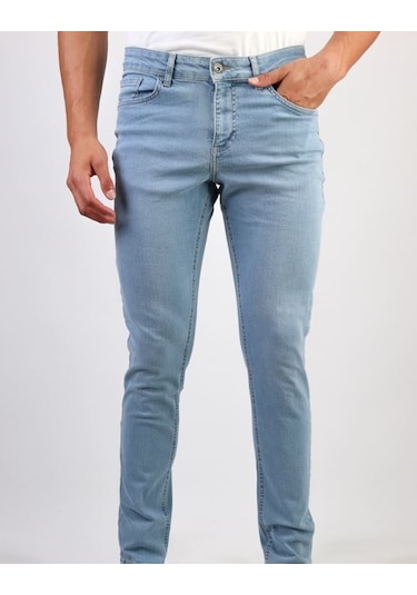 Erkek Taşlamalı Slim Fit Likralı Açık Mavi Kot Jean Pantolon Hlthe001956-A