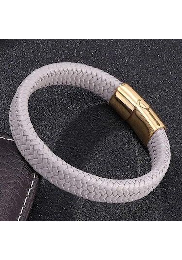 Basit Gri Deri Örgü Bileklik Paslanmaz Çelik Tokalı Kilitler Erkekler İçin El Yapımı Bilezik Takı Hediye Gri