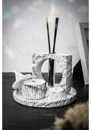 Mermer Desen Tasarım Kokulu Soya Mum, Vazo, Tealightlık, Tepsi Ve 001