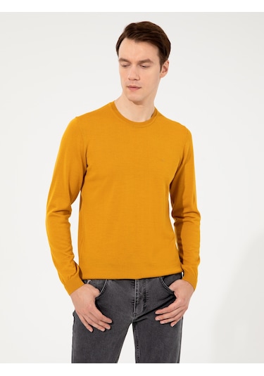Cacharel Sarı Slim Fit Bisiklet Yaka Basic Triko Kazak