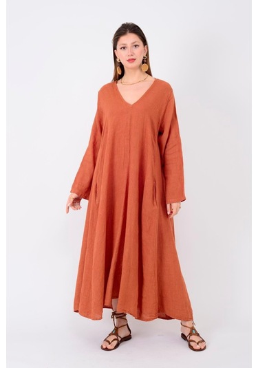 İtalyan V Yaka Uzun Kol Keten Elbise-8907 Tarçın