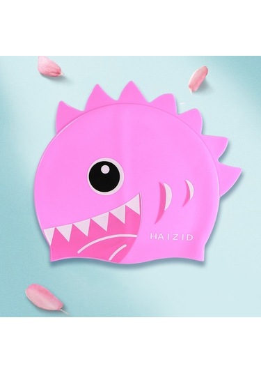 Haızıd Sevimli Karikatür Su Geçirmez Silikon Çocuk Yüzme Kap Köpekbalığı Dişi Pembe