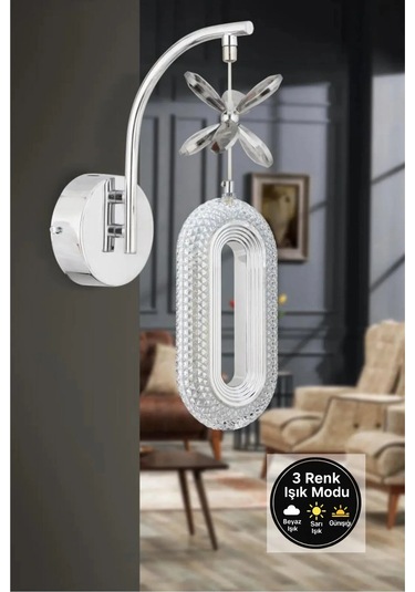 Alfa Tekli Kromkristal Taşlı Aplik 3 Renk Modu Krom