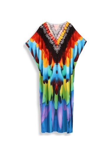 Edolynsa Şık Kadın Kaftan Bohem Renkli Bornoz Rahat Büyük Beden Moo Moo Elbise Taze Elbise Tatil Partisi Uzun Elbise Kıyafet Q1594 Çok Renkli