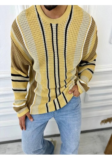 Kazak Oversize Renkli Örgü Desenli Naturel Pamuk Bol Kesim Salaş Triko Kazak Taba