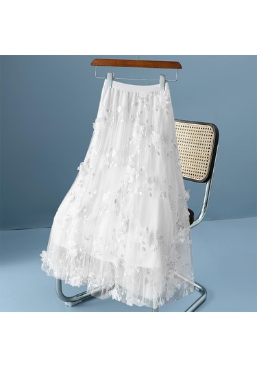 Lüks Kadın Etekler Kore Tarzı Moda Elastik Bel Aplikler Nakış Çiçek Örgü Etek Uzun Gazlı Bez Balo Etek Beyaz