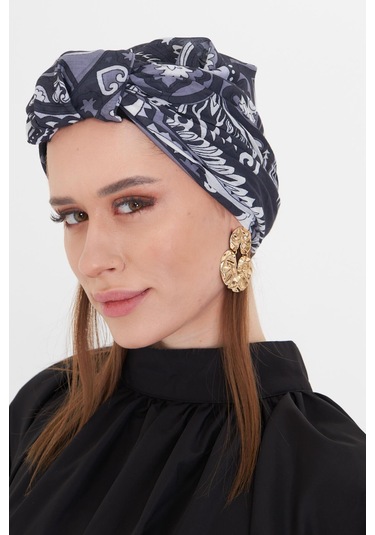 Antrasit Pratik Hazır Geçmeli Tesettür Bone Kesik Elyaf Retro Desenli 2409 25 Antrasit