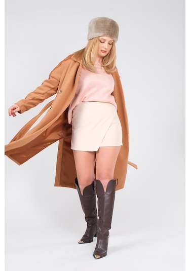 Giyim Dünyası Kadın Kolları Triko Örgü Detaylı Bel Kuşaklı Kaşe Kaban Camel 001