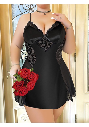 Büyük Beden Siyah Dantel İşlemeli İnce Askılı Saten Gecelik Siyah