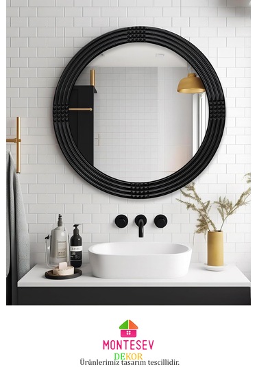 Safir Ahşap Siyah Yuvarlak Ayna Işlemeli Duvar Banyo Aynası 69 Cm