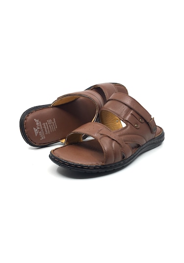 Luis Figo %100 Hakiki Deri Ortopedik Erkek Büyük Numara Sandalet Terlik 40-48 Taba