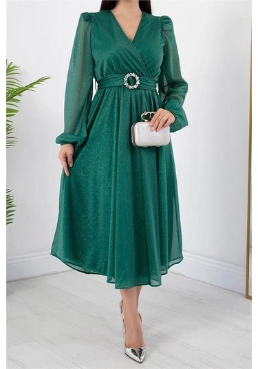 Neşeli Butik Kadın Kemer Ve Vatka Detaylı Simli Midi Elbise Rymy3590 Yeşil