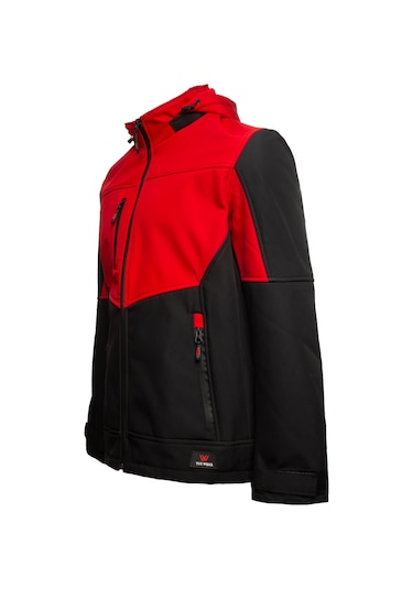Softshell Kapşonlu Parçalı Mont Siyah - Kırmızı