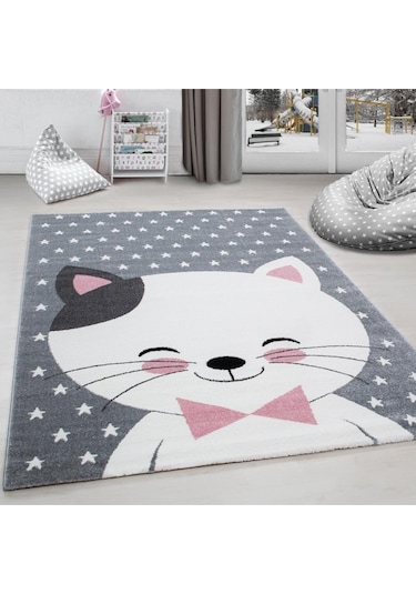 Sevimli Kedi Ve Yıldız Desenli Çocuk Halısı Gri-pembe-beyaz