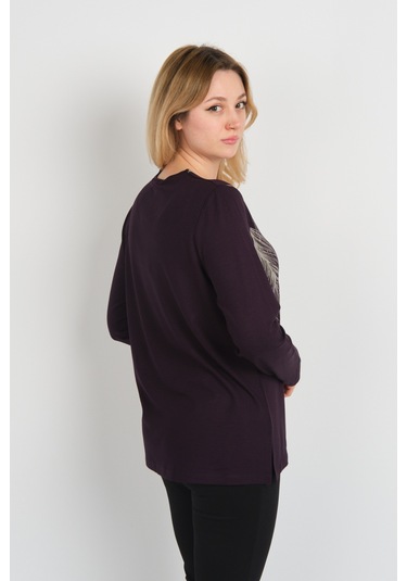 Detay Triko Kadın Taş İşlemeli Ve Desenli Bisiklet Yaka Uzun Kol Anne Bluz 5721 Mürdüm Mürdüm