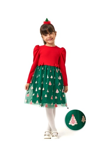 Kız Çocuk Kollu Balon Eteği Tüllü Yıllbaşı Elbisesi Nbk-24921 Yeşil