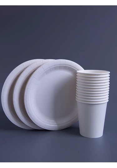 Mideko 50 Tabak + 50 Bardaklı Tek Kullanımlık Sofra Seti 300260369 Beyaz