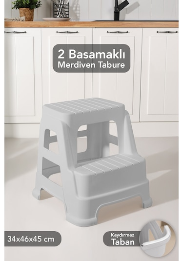 Büyük Boy 2 Basamaklı Merdiven Tabure - Kaydırmaz Tabanlı Çok Amaçlı Basamak Tabure Gri