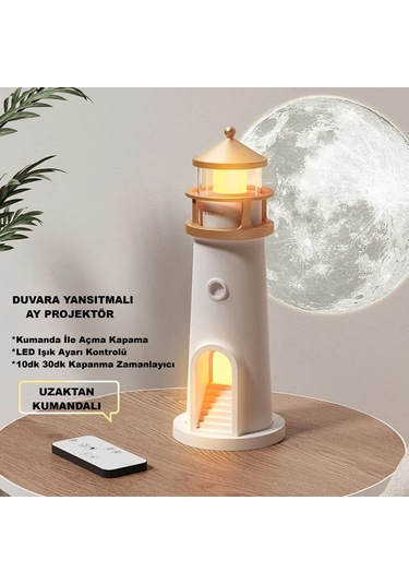 Hymark Deniz Feneri Projektör Ay Led Gece Lambası Kumandalı Kısılabilir Zamanlama Krem Üzeri Gold Patineli