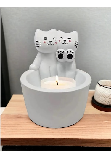 3lü Sevgili Kediler Mumluk Figür Alevde Isınan Temalı Dekorasyon