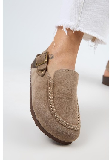 Manijero Alba Mnr.010.01 Kadın Vizon Günlük Hakiki Deri Sandalet Terlik Vizon