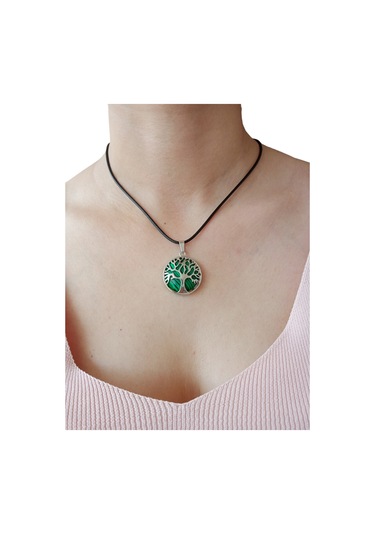 Malachıte Doğal Taşlı Hayat Ağacı Çelik Kolye - Kadın Yeşil