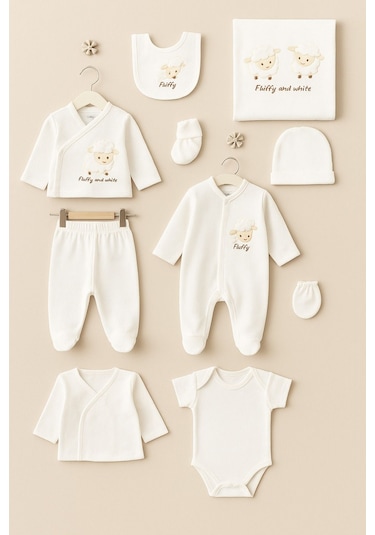 Bebitof Kuzu Desenli 10 Parça Zıbın Seti Yenidoğan Hastane Çıkışı Ekru