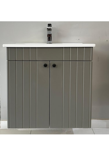 Banyo Dolabı Aynalı Cnc İşlemeli 65 Cm Gri Kulplu