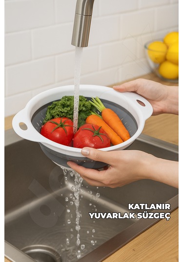 Yer Kaplamaz Katlanır Yuvarlak Süzgeç - Katlanabilir Yuvarlak Yıkama Süzgeci - Akordiyon Süzgeç Beyaz - Gri