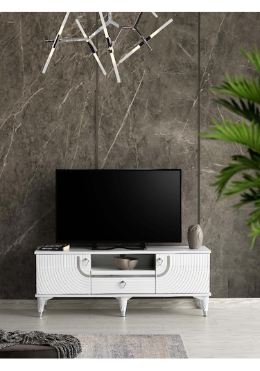 130 CM ART MDF MEBRAN KAPAK TV SEHPASI BEYAZ - GÜMÜŞ