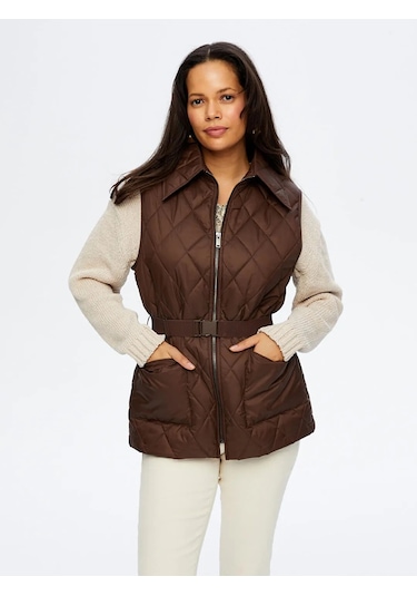 Faik Sönmez Beli Kemer Detaylı Kadın Kapitone Yelek W26kyl003 Kahve