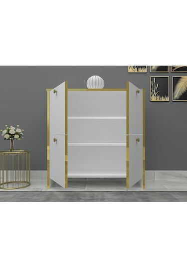 %100 Mdf 2 Kapaklı Küp Altın Sarısı Desenli Gövdeli Ayakkabılık Beyaz