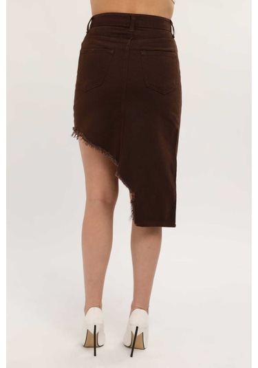 Shevega Kadın Kahverengi Etek Püskül Asimetrik Kesim Keten Etek Kahverengi