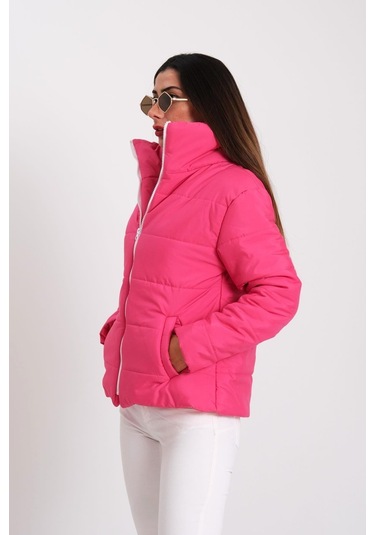 Kadın Fuşya Dik Yaka Su Geçirmez Tasarım Şişme Mont-fuşya Fuşya