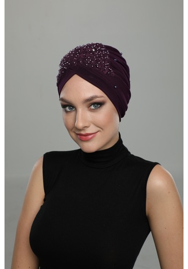 Kopma Astarlı İşlemeli Mor Dantel Motifli Hazır Türban Tesettür Abiye Bone Mor