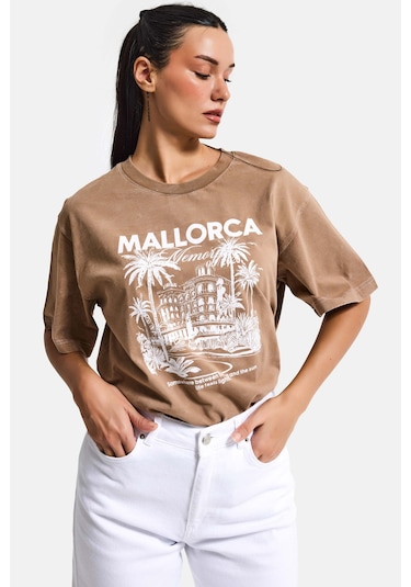 Itsbasic Kadın Kahve S6-16 Oversize Mallorca Baskılı %100 Koton T-shirt