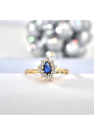 14 Ayar Mikron Altın Kaplama Safir Taşlı Damla Halo Yüzük Vintage Stil - Rs00116 Altın