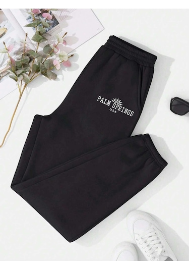 Lune Letter Graphic Thermal Lined 4 Mevsim Eşofman Siyah