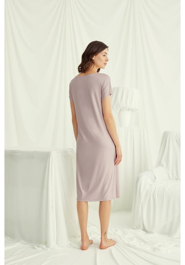 Monamise 18504 Kadın V Yaka Kısa Kollu Gecelik-vizon Vizon