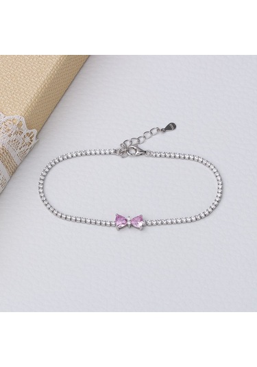 Fiyonk Model Pembe Zirkon Taşlı 925 Ayar Gümüş İnce Suyolu Kadın Bileklik Gümüş