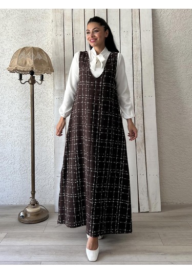 Kahverengi Tüvit A-kesim Jile Elbise Kahverengi