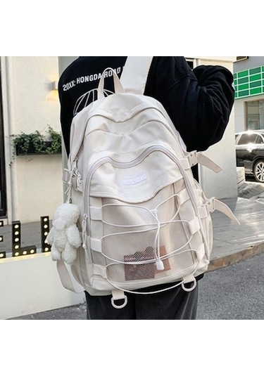 Novahub Bej Kore Tarzı Lise Sırt Çantası - Genç Kızlar İçin Moda Ve Konfor Bej