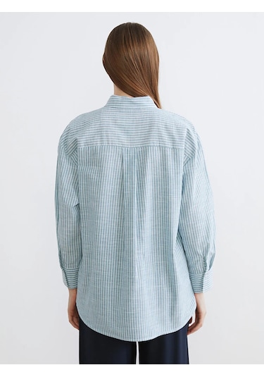 LC Waikiki Yeşil Çizgili Oversize Poplin Kadın Gömlek Tunik Yesil