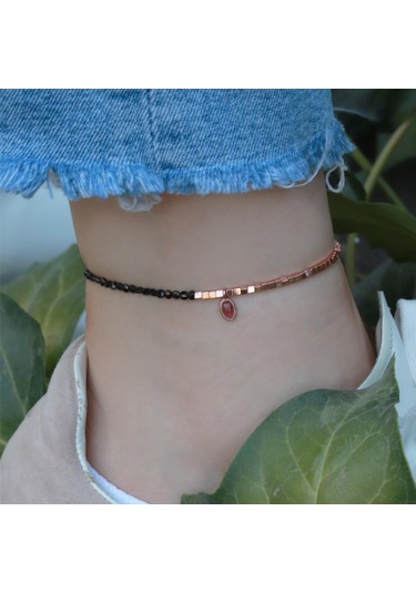 Pembe Kuvars Taşlı Oval Rose Gold Halhal Gümüş