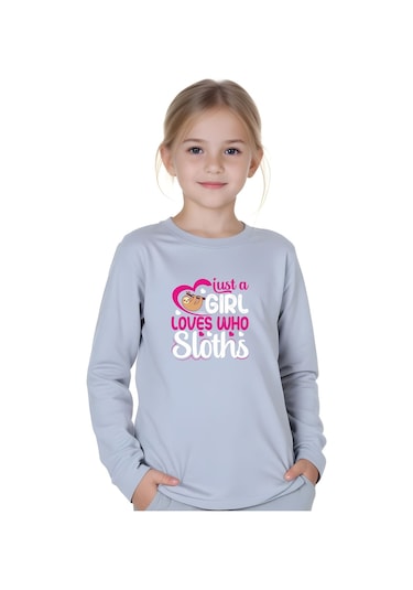 Just A Girl Baskılı Kız Çocuk Yuvarlak Yaka Gri Sweatshirt Gri